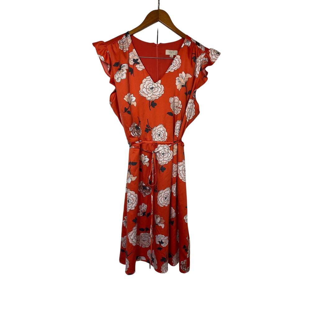 LOFT Coral Floral Tie‑Waist Ruffle Dress XL • Sleeveless • 40”